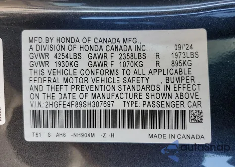 2025 Honda Civic Sport из США, поврежденный, VIN 2HGFE4F89SH307697